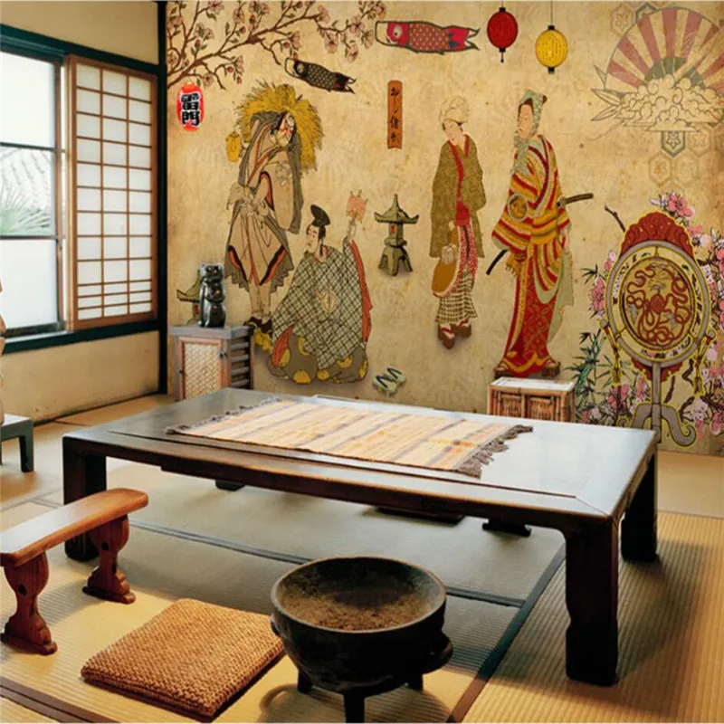 Custom Ukiyoe Samurai Wall Paper Japanese Cuisine Sushi Restaurant Izakaya Industrial Decor Mural Wallpaper Papel De Parede 3D