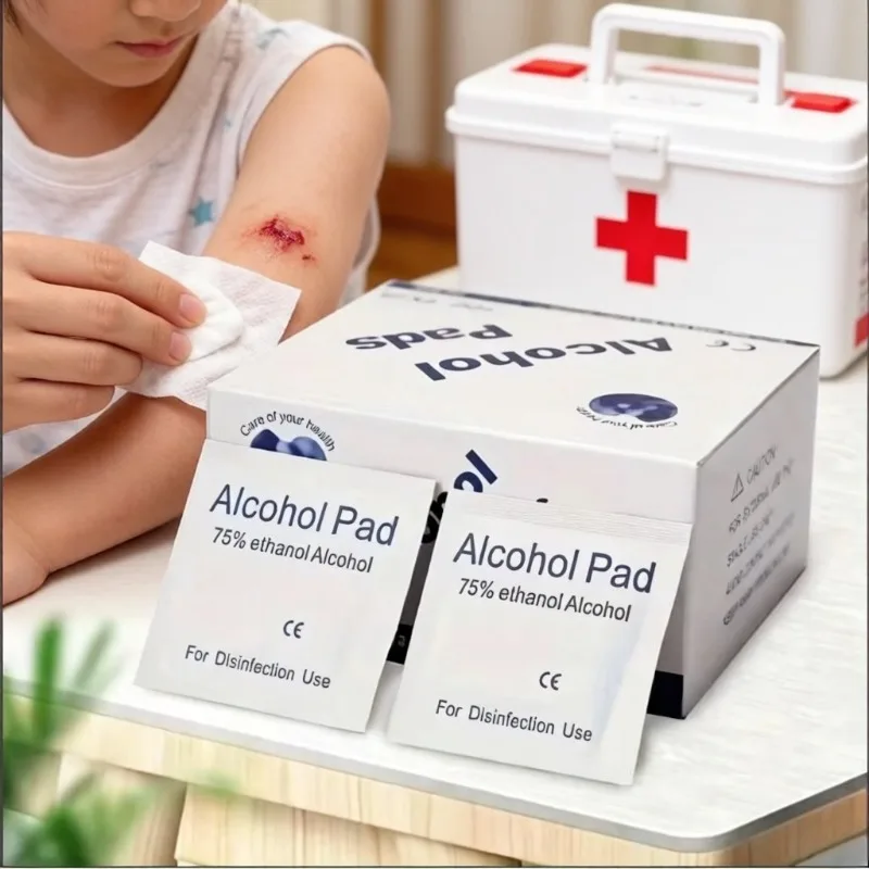 Botiquín de primeros auxilios esencial, toallitas con 75% de alcohol, 100 unidades por paquete, suministros para desinfección y limpieza de heridas en la piel
