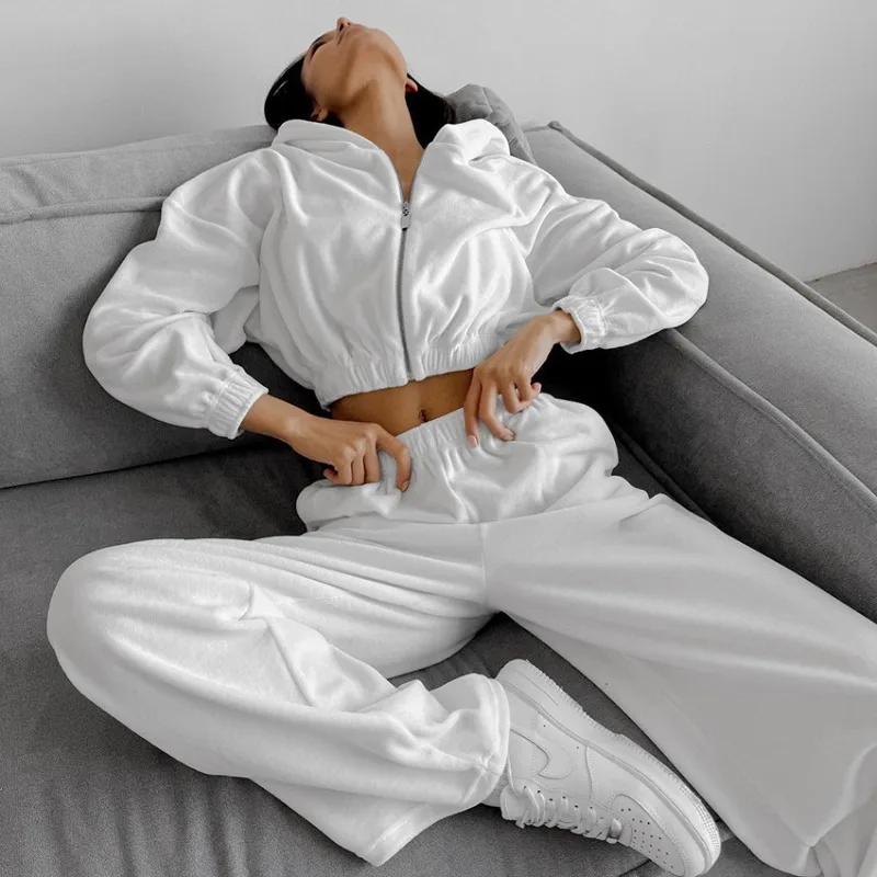 Women's White Hoodie Sweatshirt and Pants Set Loose Fit Two Piece Sporty Casual Design Spring Fall 2026 New Trendy Chic Fashion