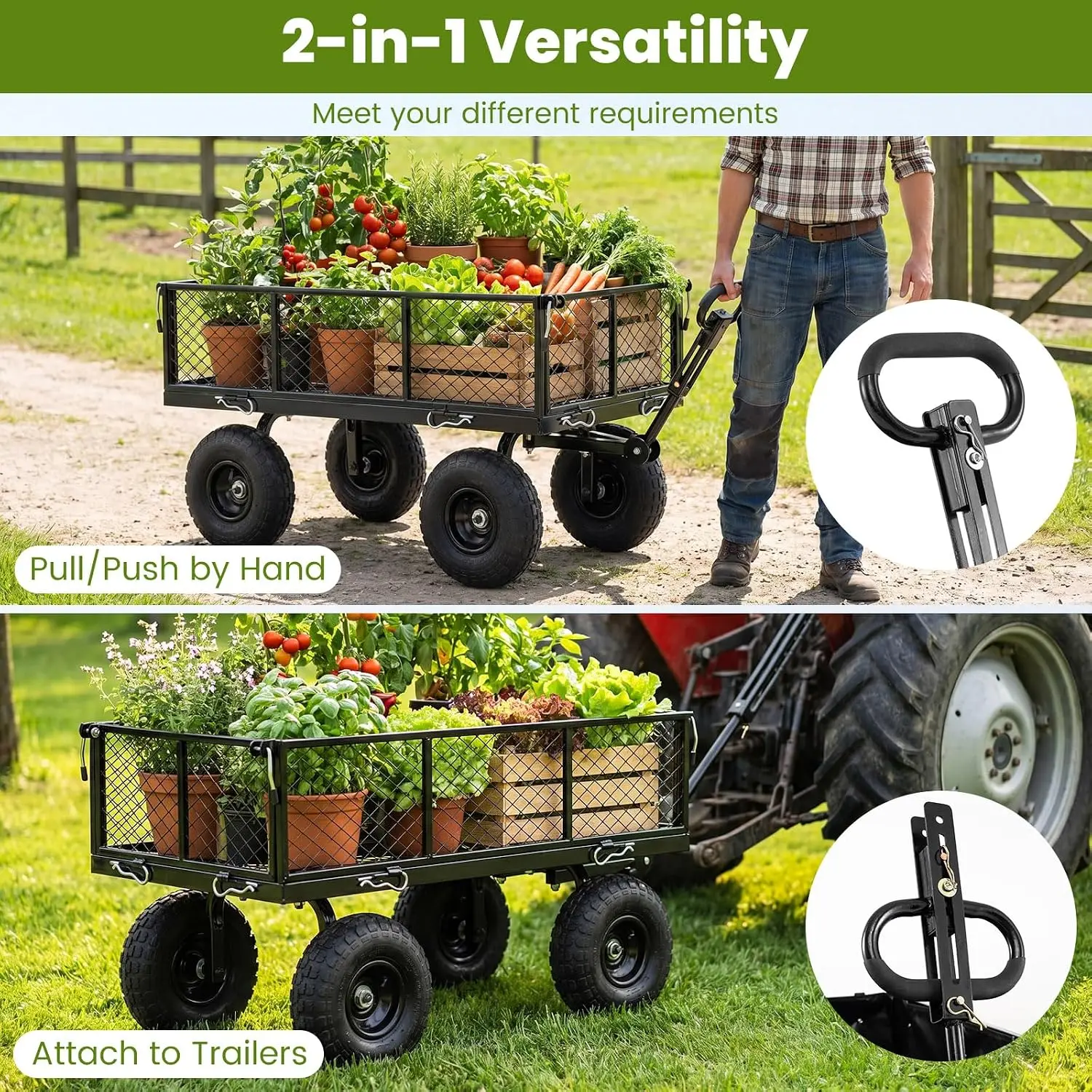 Heavy-Duty Garden Cart, 880 lbs Metal Utility Wagon Cart with Removable Oxford Cloth Liner and Mesh Sides, 10-Inch Pneumatic Tires, 180-Degree Rotating Handle, Yard and Lawn