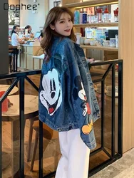 Cartoon Printed Long-Sleeved Denim Jacket Women's Spring Autumn Loose Korean Style Large Size Casual All-Matching Jeans Jacket