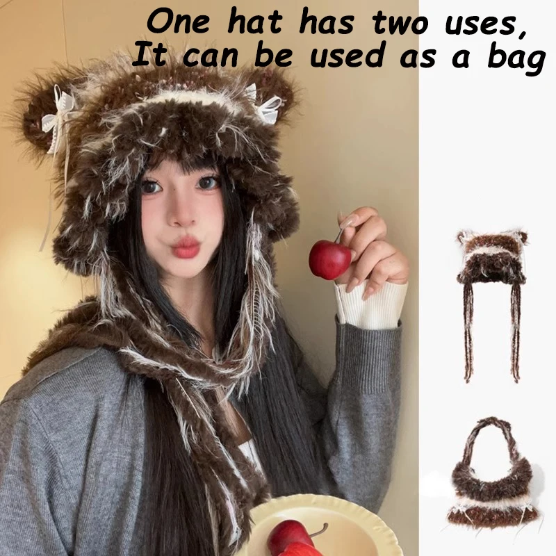 

2025 Fashion Autumn Winter Women Sweet Striped Spliced Warm Ear Protection Pullover Trend Bow Decoration Dual-use Knitted Hats