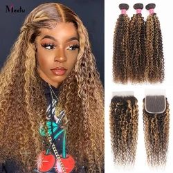 Meetu curly 5x5 encerramento com pacotes p4 27 destaque kinky curly pacotes com fechamento 100% pacotes de cabelo humano remy com fechamento