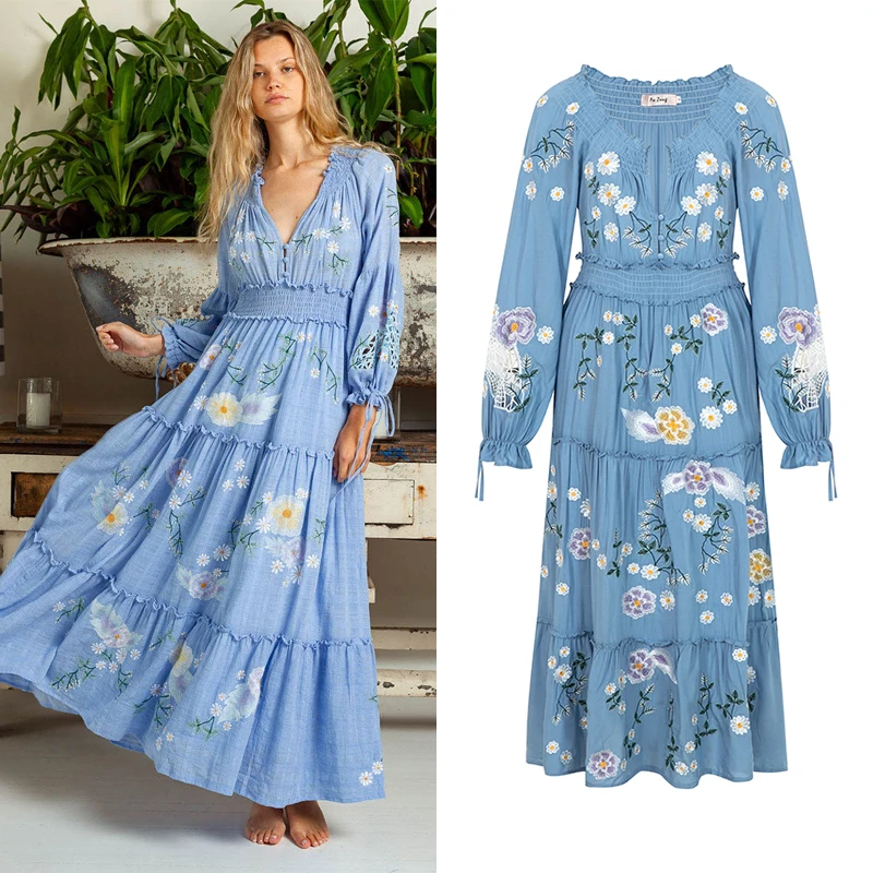 Luxo Floral Bordado Vestido Longo Mulheres Primavera Cintura Elástica Uma Linha Impresso Vestidos Bohemian Retro V Neck Lanterna Manga Robe