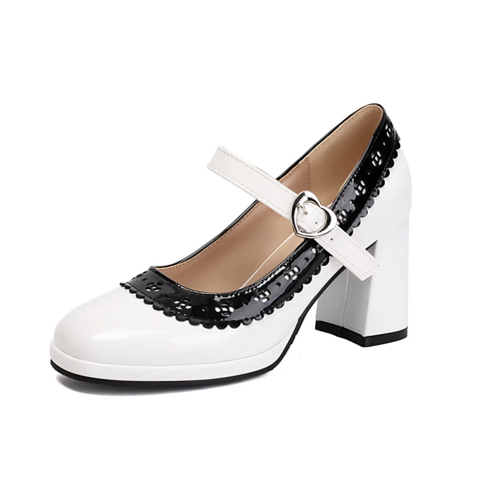 

Women's Patent Leather Mary Jane Heels Heart Buckle Lace Trim Block Heel Plus Size 32-48 7 Colors Party Daily Shoes 7-3