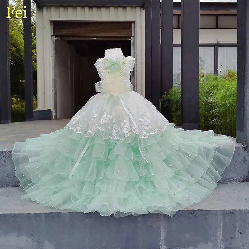 ملابس الحيوانات الأليفة فستان التصوير الفوتوغرافي موضة بسيطة أخضر فاتح وردي أبيض بيج جرو الملابس الفاخرة اللؤلؤ القوس فستان طويل الذيل القلطي #2