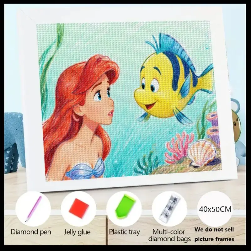 Kit de pintura de diamante de Disney, La Sirenita, Ariel y Flounder, juego de arte de gemas de cristal de diamantes de imitación redondos 5D para niños, 1 ud.