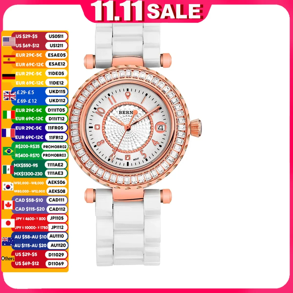 BERNY Quartz Women Wristwatch Ceramics Ladies Watch With 48 Zircon Inlaid Waterproof Rose Gold Bracelet High Accuracy Watches