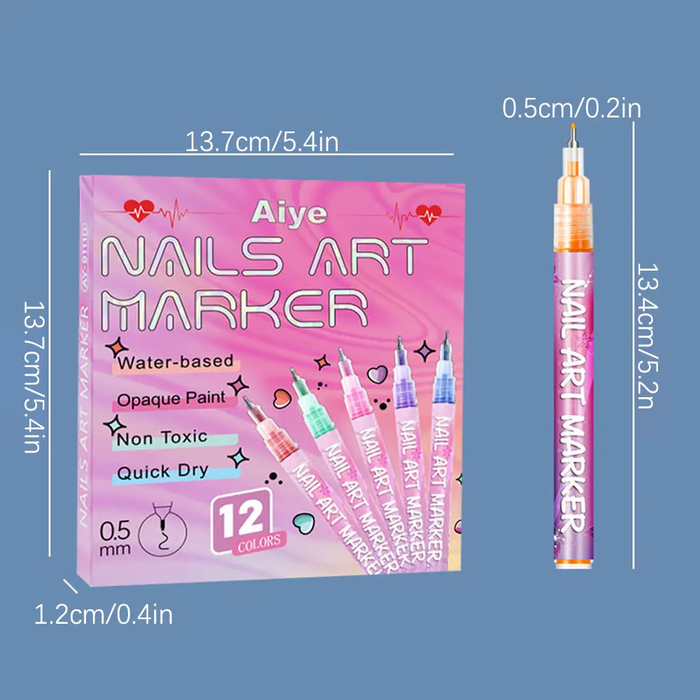 12개 네일 아트 폴리쉬 펜, 속건성 방수 DIY 0.5mm 아크릴 페인트 드로잉 펜, 웨어러블 네일 아트 디자인 용품