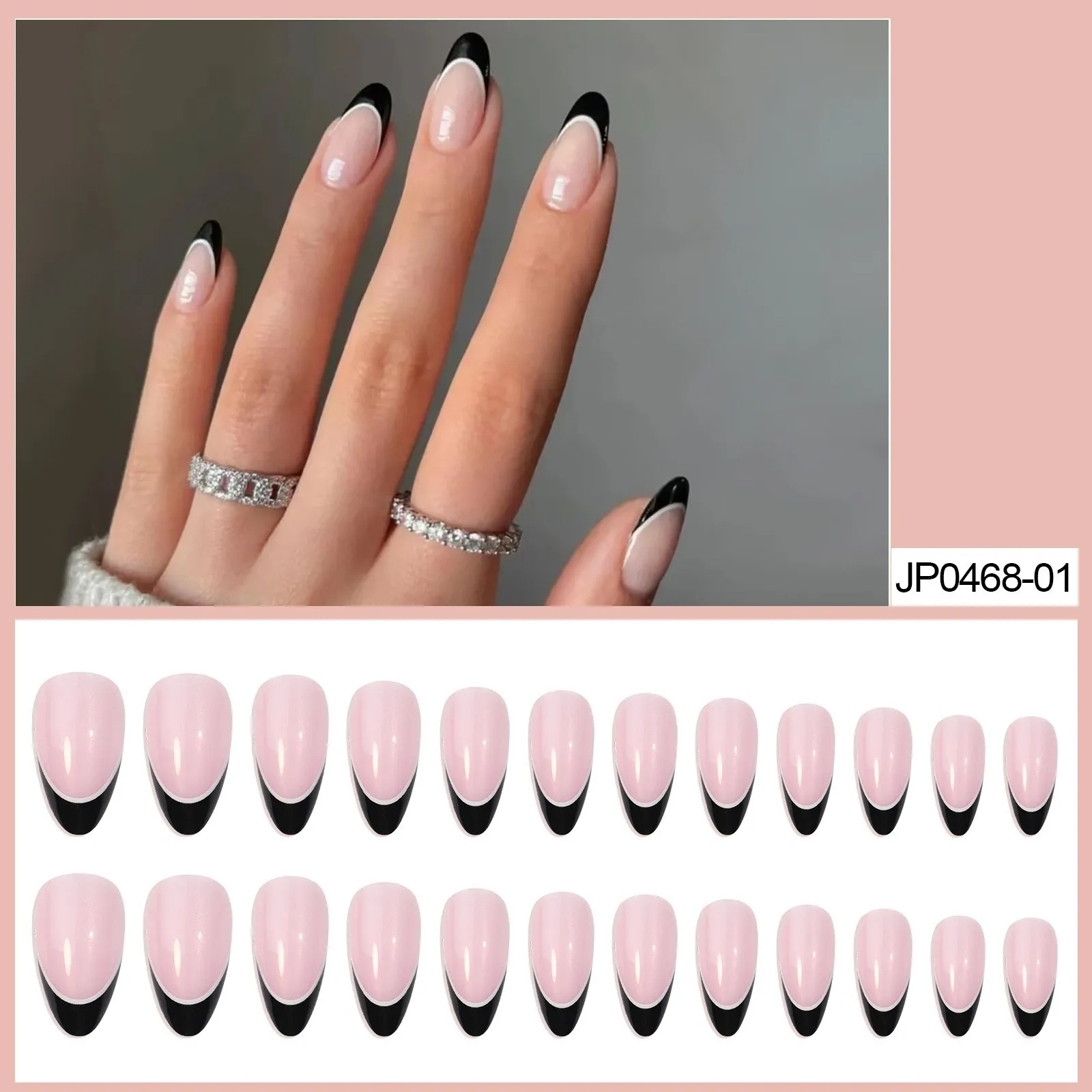 Prensa curta de amêndoa em unhas, preto e branco, micro pontas francesas, unhas falsas, 24 peças, 12 tamanhos, qualidade de salão, uso diário, cobertura completa