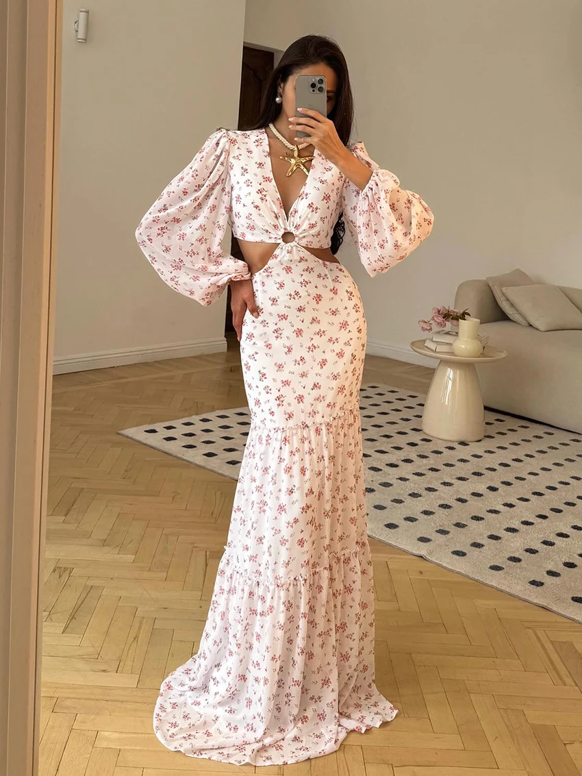 

Marthaqiqi Fashion Ladies Nightgown Long Sleeve Sleepwear V-Neck Pajama Show Waist Nightie Ankle-Length Printing Femme Nightwear