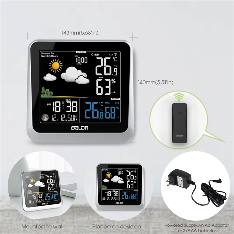 Smart Weather Station Color LCD Wireless In/Outdoor Thermometer Hygrometer Monitor Moon Phase Forecast TrendSensor Wall Clock