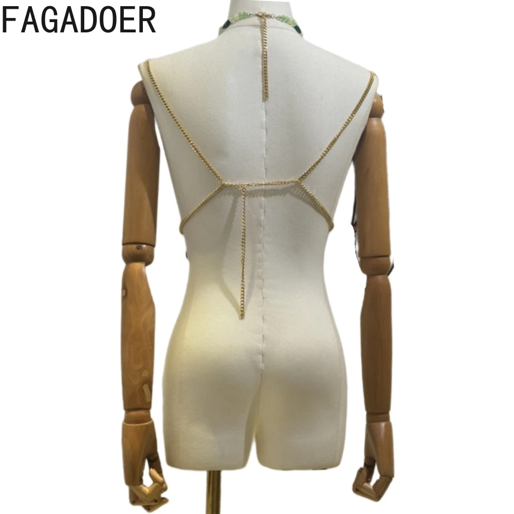 FAGADOER Sexy Beading Patchwork Camisole Bodycon T-shirt Woman Spaghetti Strap Sleeveless Backless Crop Top Female Streetwear