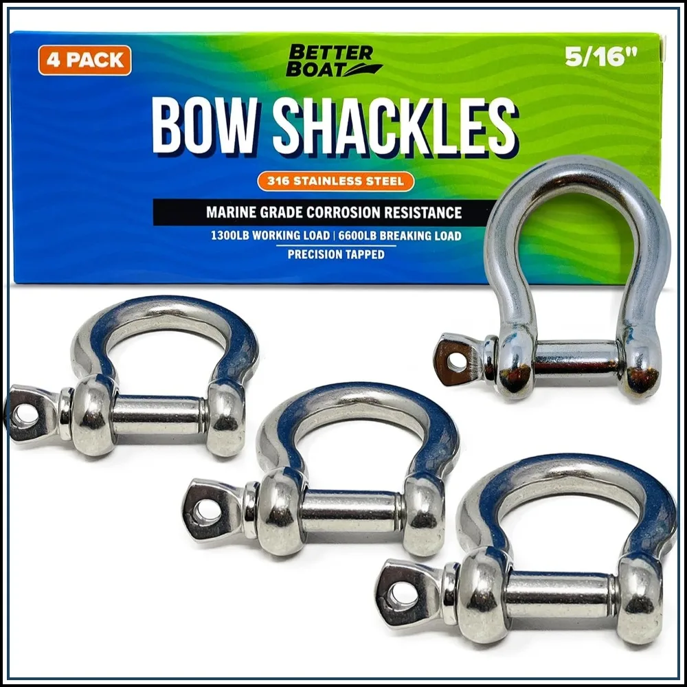 316 Stainless Steel D-Ring Shackles, 4-Pack, 1/2", 3/8", 5/16", 1/4", Marine Grade for Boat, Sailboat, Chain, Rigging