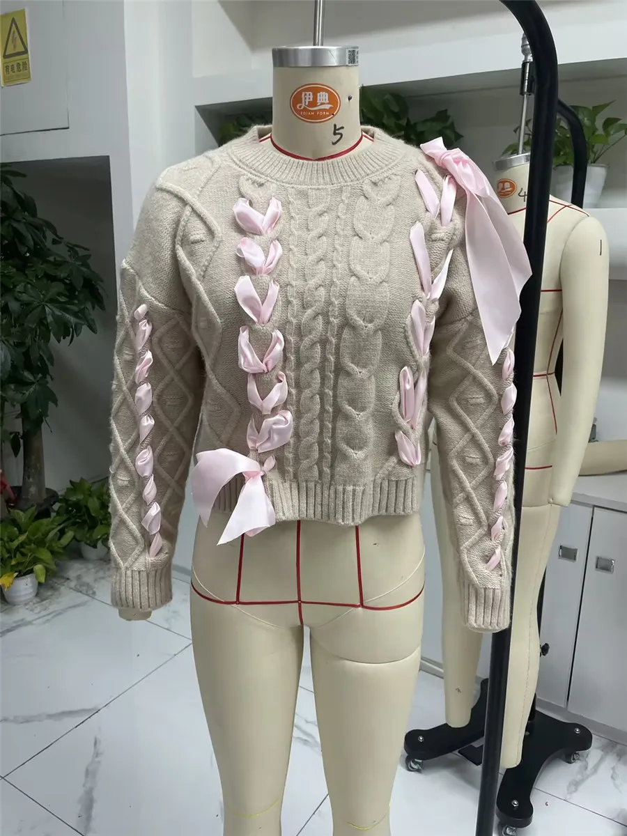 Women Sweet Lace-up Bow Sweaters Autumn Winter Knitted Round Neck Long Sleeve Knitwear Cozy and Stylish Solid Color Pullovers