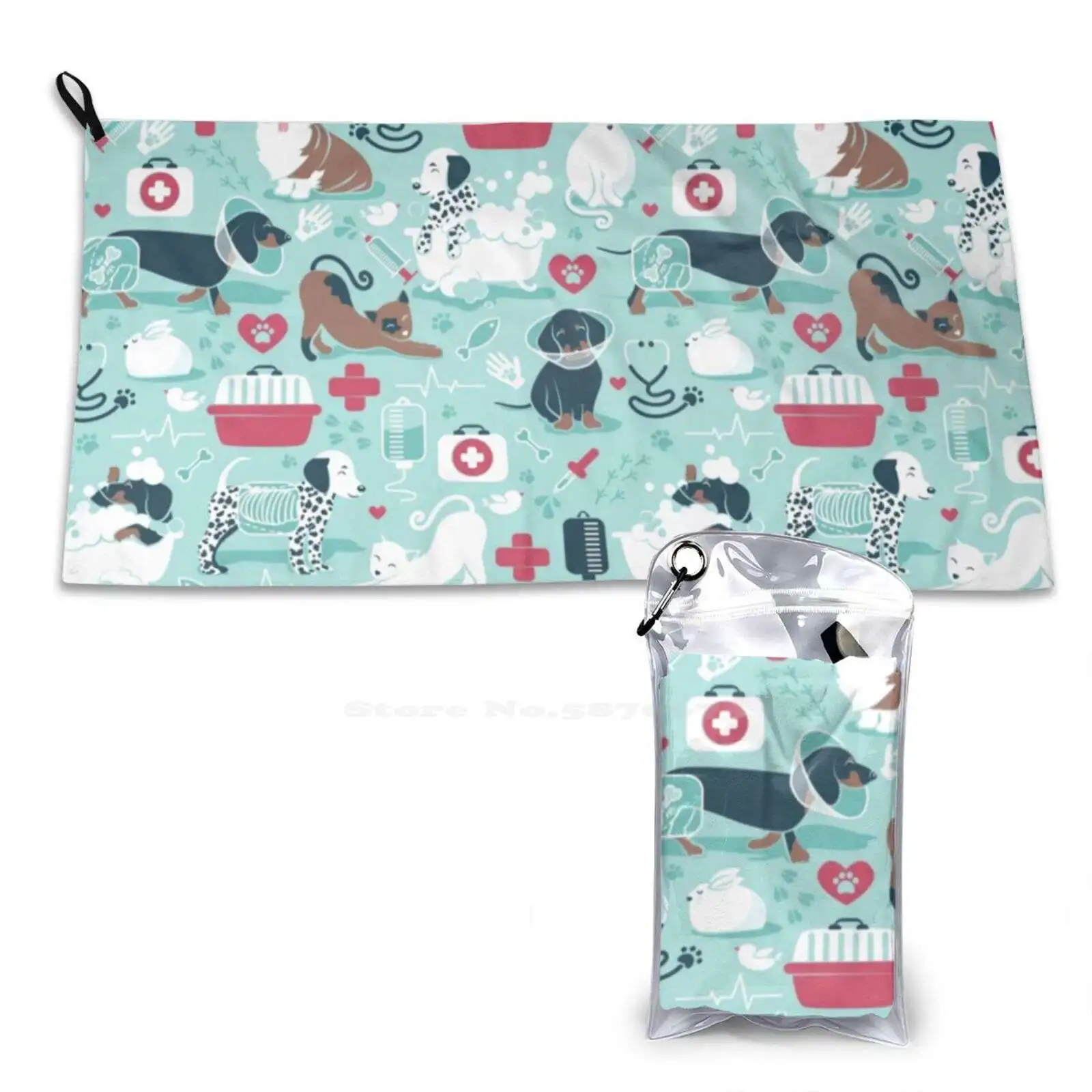 Veterinary Medicine , Happy And Healthy Friends / / Aqua Background Red Details Navy Blue White And Brown Cats Dogs And Other