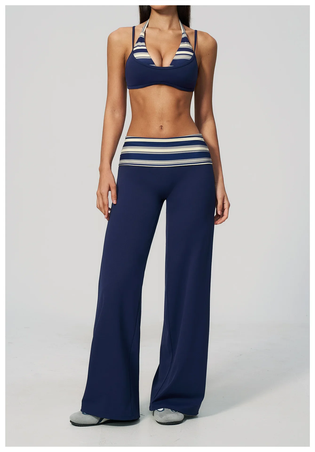 Damen-Yoga-Hose mit weitem Bein, atmungsaktiv, für Sport und Fitness, Schlaghose, hohe Taille, gestreifte Yoga-Hose, gepunktete Trainingshose, ausgestellte Hose – Detail 13