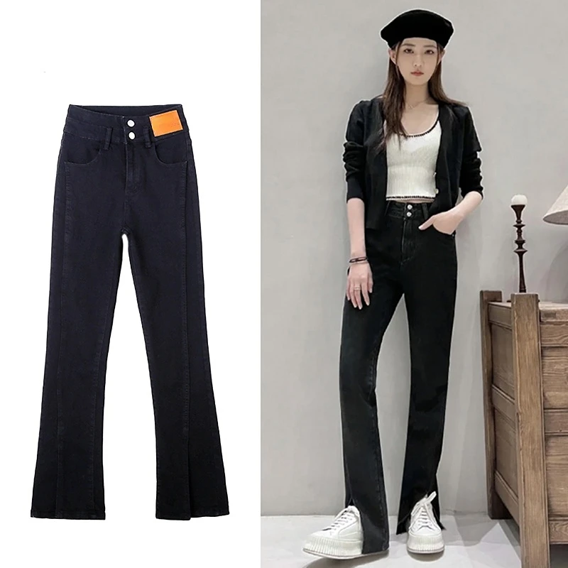 

Kpop Korean Vintage Blue High Waisted Women's Slit Jeans Fashion Streetwear Trouser Casual Black Straight Denim Flare Pants