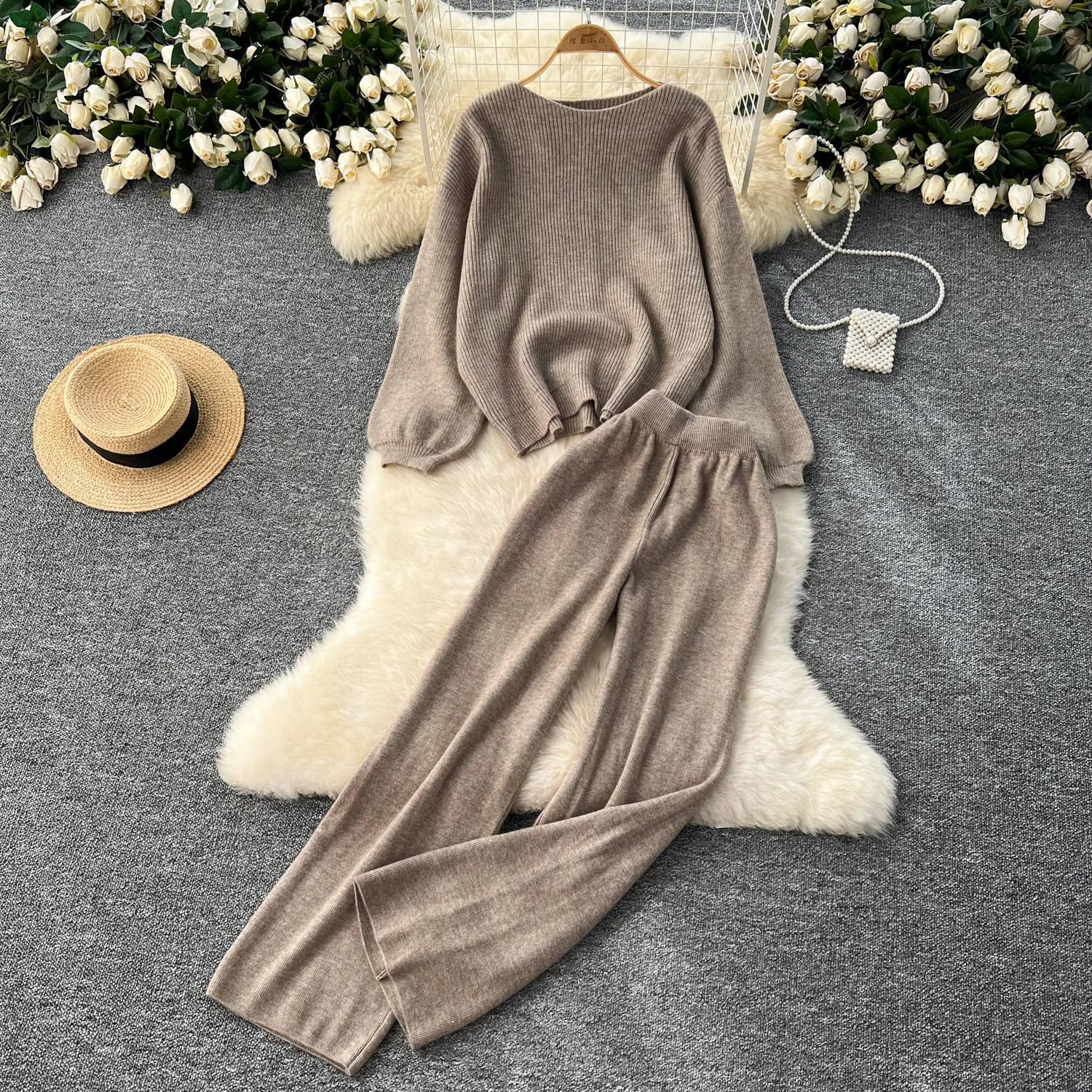 Knit tracksuits for women soft warm sweater+pant 2 pieces sets solid slash neck knitting pants casual suit outfits pullovers+