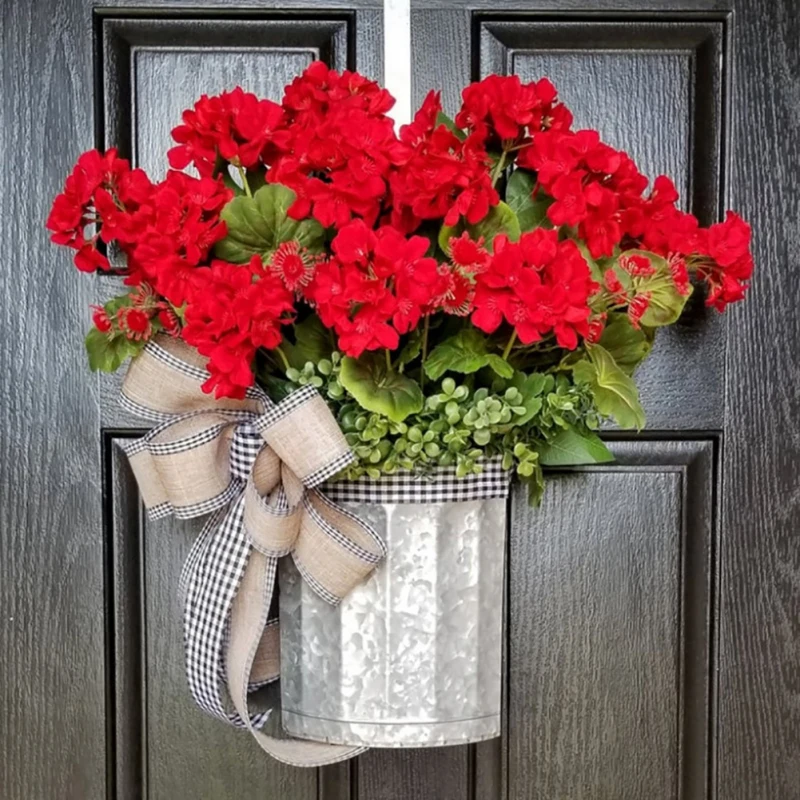 Artificial Red Geranium Bucket Wreath Farmhouse Rustic Garland Wreath Spring Summer Wreath Party Decor For Front Door