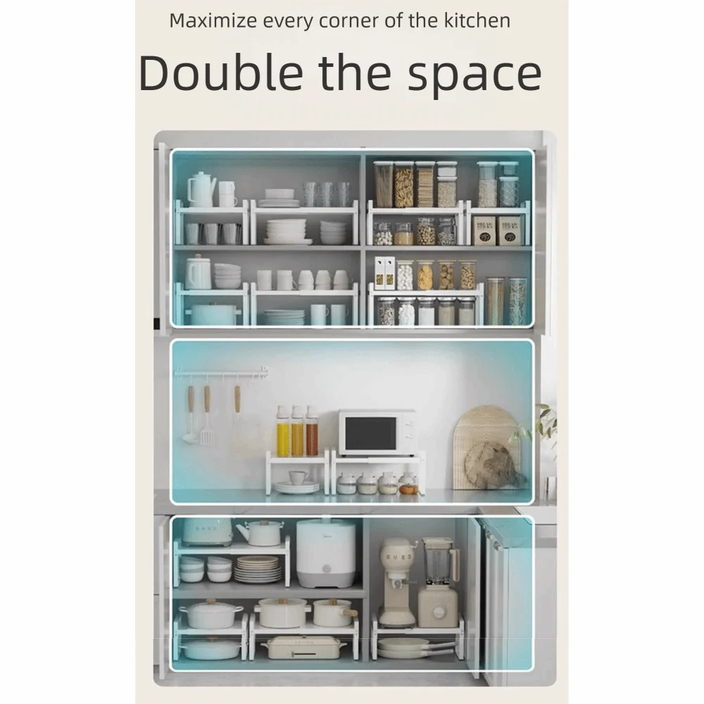 

Layered Adjustable Kitchen Organizer Space Saving Expandable Kitchenware Storage Rack Stackable Easy To Install