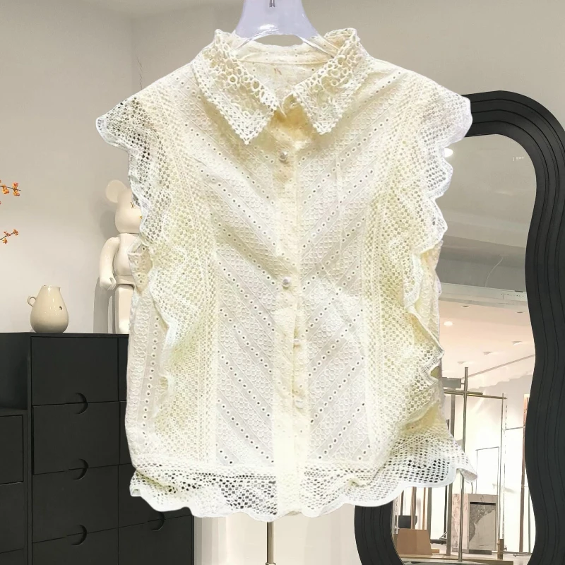 Matakawa Lace Shirts&blouses Women Tops Ruffles Hollow Out Spring Summer Blusas Mujer Korean Fashion Elegant Retro Camisas