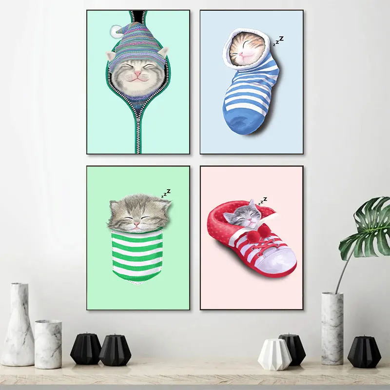 Cats Sleeping in Shoes Socks Funny Wall Art Canvas Painting Fashion Poster Wall Pictures Home Decor For Bedroom Living Room Gift