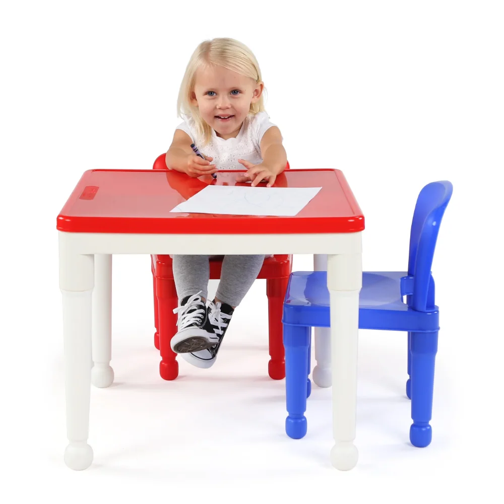 2-in-1 Plastic Kids Activity Table & 2 Chairs Set, White, Red & Blue