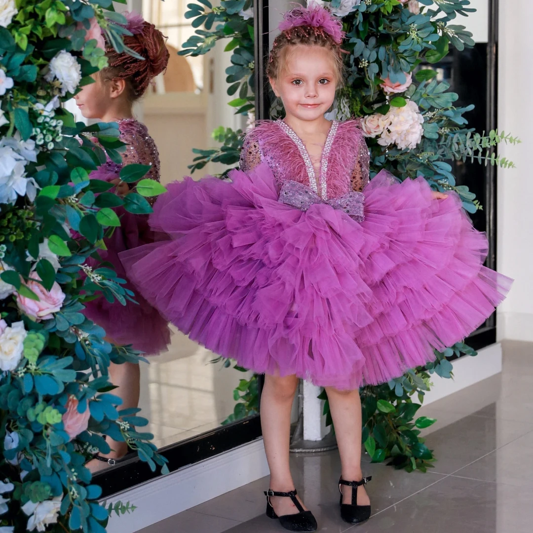 

Customized Flower Girl Dresses Purple Sequin Tulle Tiered With Bow Long Sleeve For Wedding Birthday Holy Communion Gown
