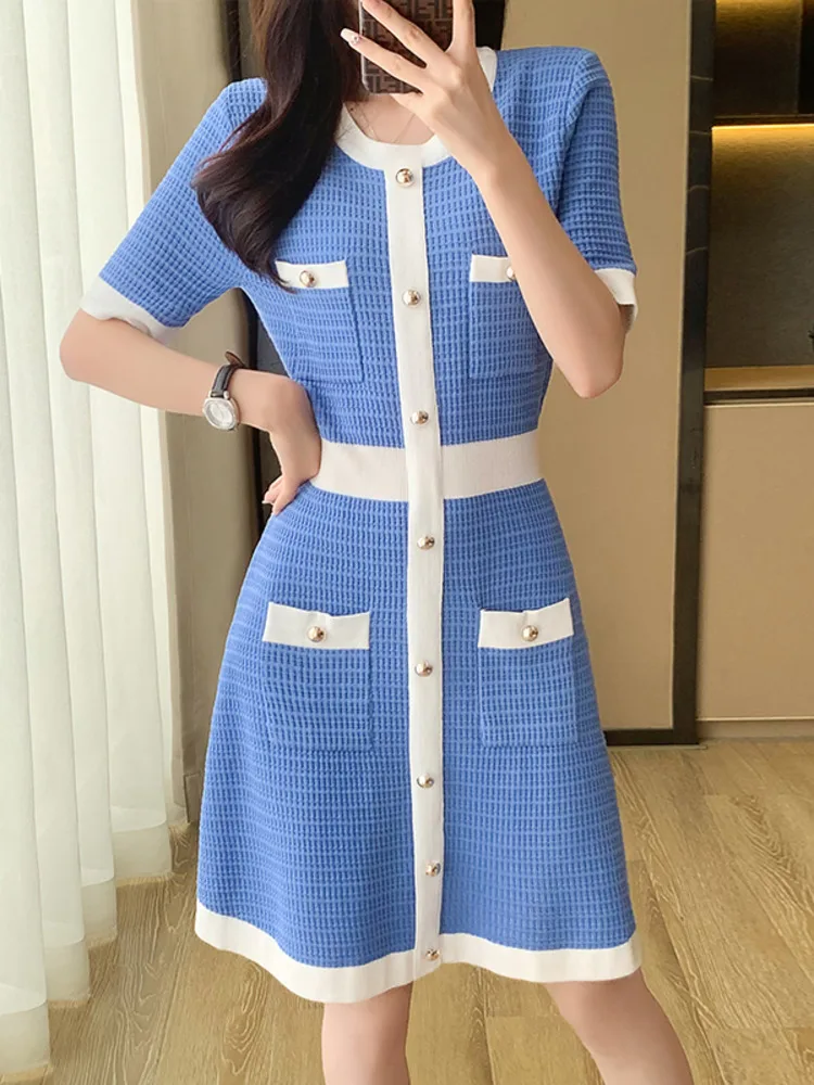 2024 Elegant Slim Knitted Mini Dress Women\'s Short Sleeved Round Neck Designer Vintage Dresses Blue Knitted One-piece Dress