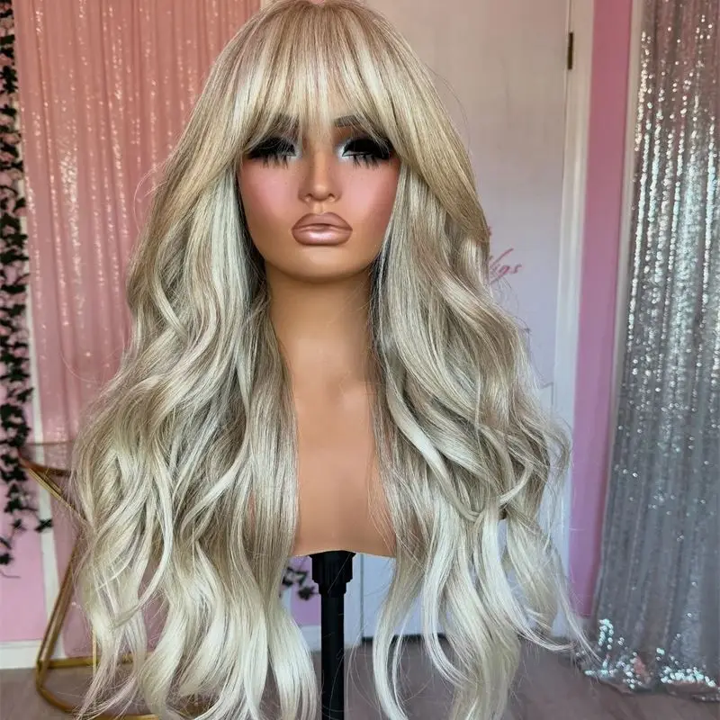 

Ombre Ash Platinum Blonde Парик с челкой Синтетические парики Бесклеевые парики Высокая плотность Роскошный HD Невидимый парик фронта шнурка Парики для вечеринок