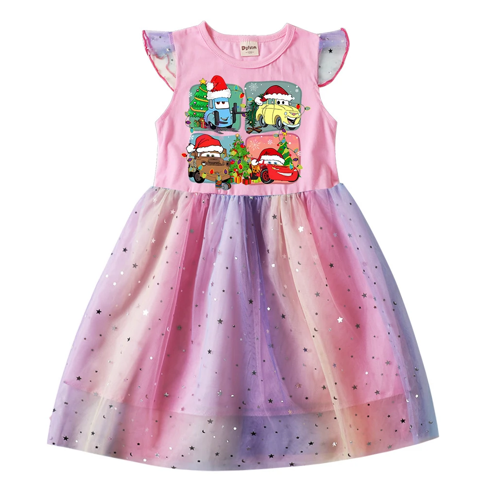 

Girl Dress Christmas Mickey Cars Inside Out Stitch Children Dresses Princess Cartoons Casual Clothes Girls Gauze Sleeve Kid