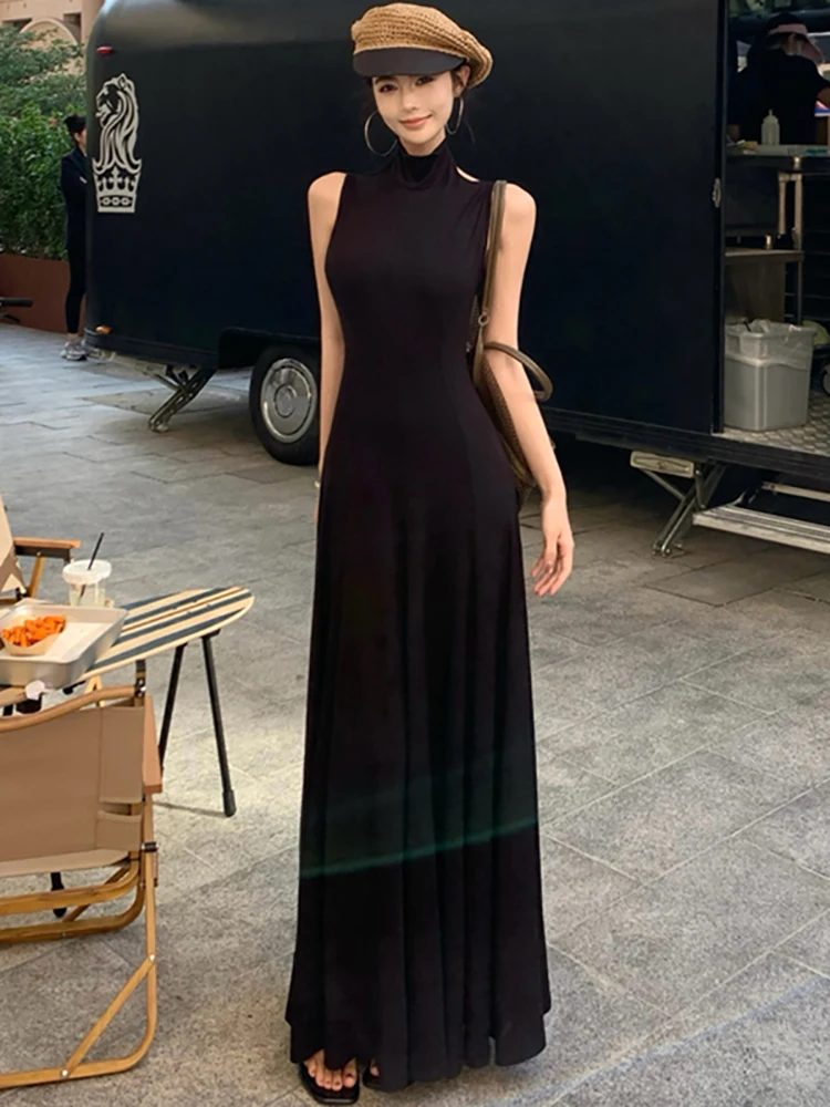 Frauen Lila Gestrickte Ärmellose Stehkragen Lange Kleider Sommer Elegante Luxus Rüschen Prom Kleid 2025, Koreanische Bodycon Vestidos