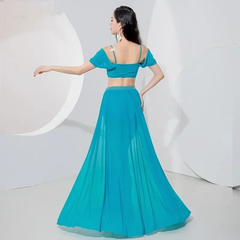 Kostiumy do Tańca Brzucha Damskie Cyrkonie Błyszczące 2-częściowy Strój Treningowy Odkryte Ramiona Orientalna Gaza Spódnica Rozcięcie Boczne Traje Garnitur