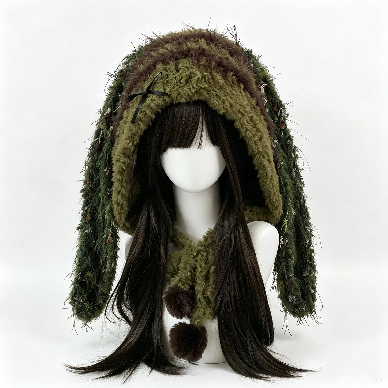 Custom Handmade Crochet Brown Green Bunny Rabbit Ears Hat Women Soft Warm Pom Knitted Beanie Goblincore Woodland Winter Hood