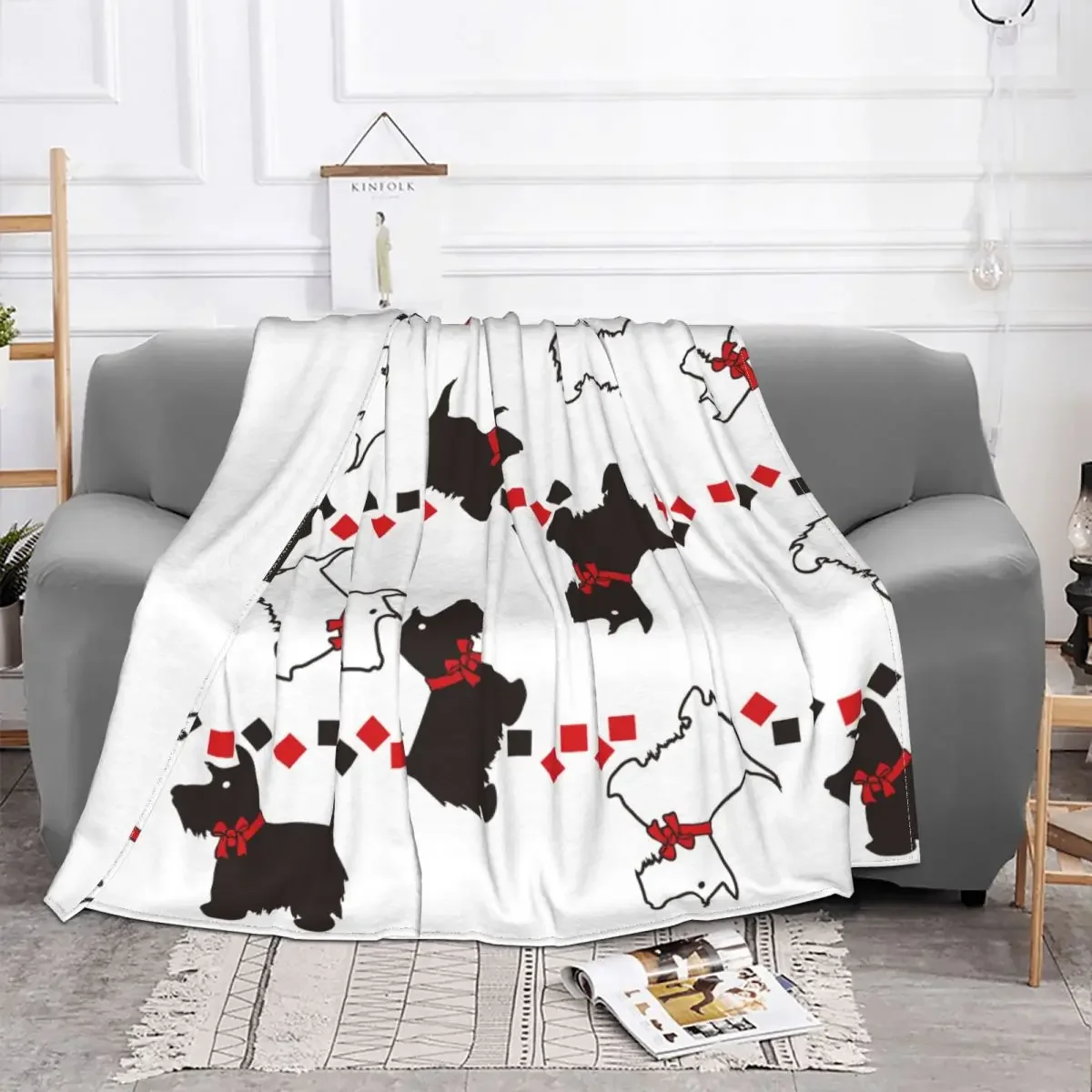 Scottie Dogs Knitted Blanket Gift for Animal Dog Lover Flannel Throw Blankets Bedroom Sofa Personalised Soft Warm Bedspread