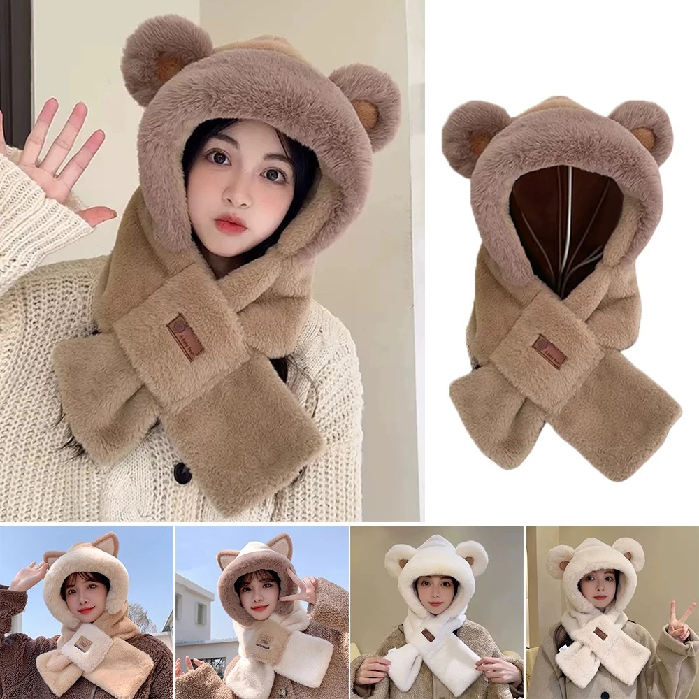 Winter Cute Fox Bear Ear Hat Scarf Gloves Set Women Caps Warm Casual Plush Neck Hats Casual Fleece Girls Beanies Hooded Scarf