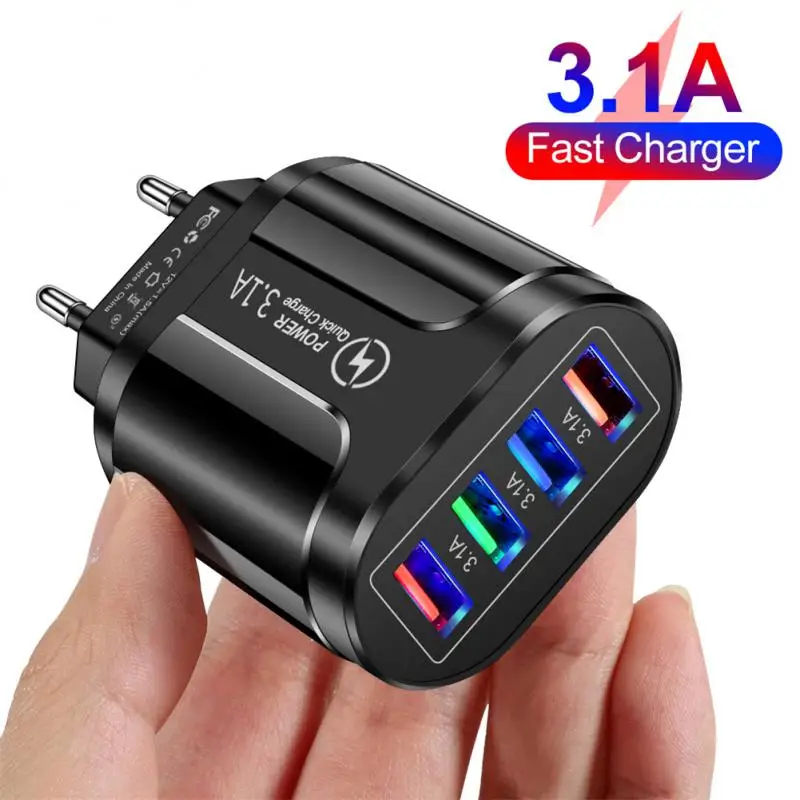 3.1a 4usb Multi-port Phone Charger With Led Light Illuminated Travel Fast Charging Head Adapter EU/US/UK Plug