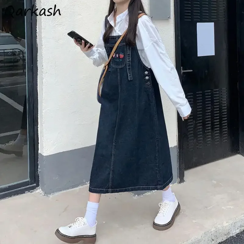 Sleeveless Denim Dresses Women Lovely Fruits Embroidery Retro Teenagers Back-slit Midi All-match Designer Harajuku Hipster New