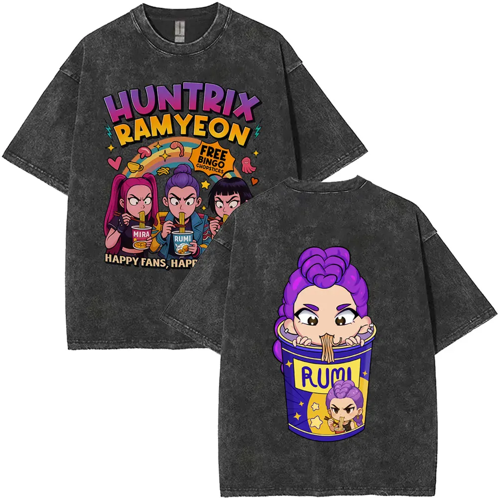 

Movie KPop Demon Hunters Washed Vintage T-shirts Cute Kawaii Rumi Mira Zoey Graphic T-shirt Men Women Fashion Oversized T Shirt
