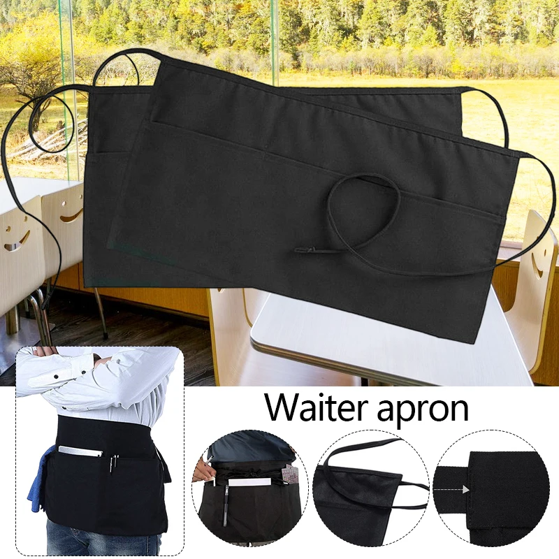 Waiter\'s Half Length Apron Black Short Apron With Pockets  Waitress Coffee Tea Shop Cafe Cooking Kitchen Men Women Work Aprons