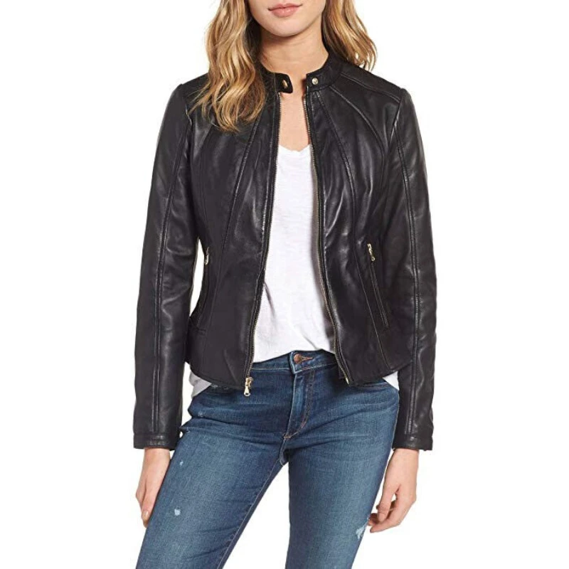 

Western Style Women Genuine Lambskin Real Leather Jacket Black Casual Wear Coat