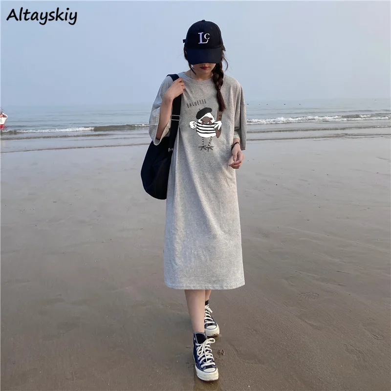 

Short Sleeve Midi Dress Women Summer Loose Letter Printed Ins Side Slit A-line Vestidos Streetwear Stylish Temperament Designed