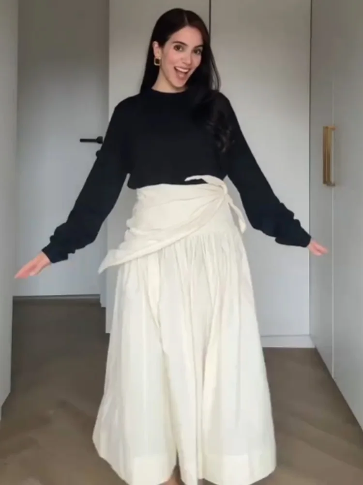 

HH Women Fashion Fluffy Scarf Decoration Skirt High Street Female Pleated Side Zipper Casual Commuting Solid Midi Spring Skirt