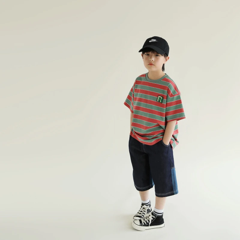 

2025 Summer New Product Children's Handsome Casual Striped Loose and Comfortable Short Sleeve