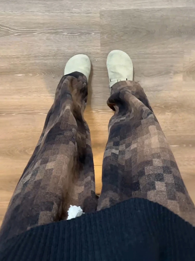 American Sle Men's Plaid Wide Leg Pants Spring Autumn Casual Drapey Loose Straight Cut Trousers Youthful Faion Trend