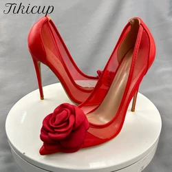 Tikicup-Chaussures de soirée à talons hauts pour femmes, Escarpins à talons aiguilles, Patchwork sexy, Maille rouge, Élégant, Fleur, Gaze, Jolie tu, Parker, 8cm, 10cm, 12cm