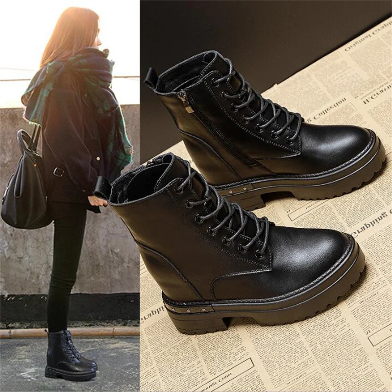 Women Ankle Boots Autumn Leather Chunky Shoes Woman High Platform Breathable Sneakers 9CM Thick Sole Wedges Motorcycles Boots