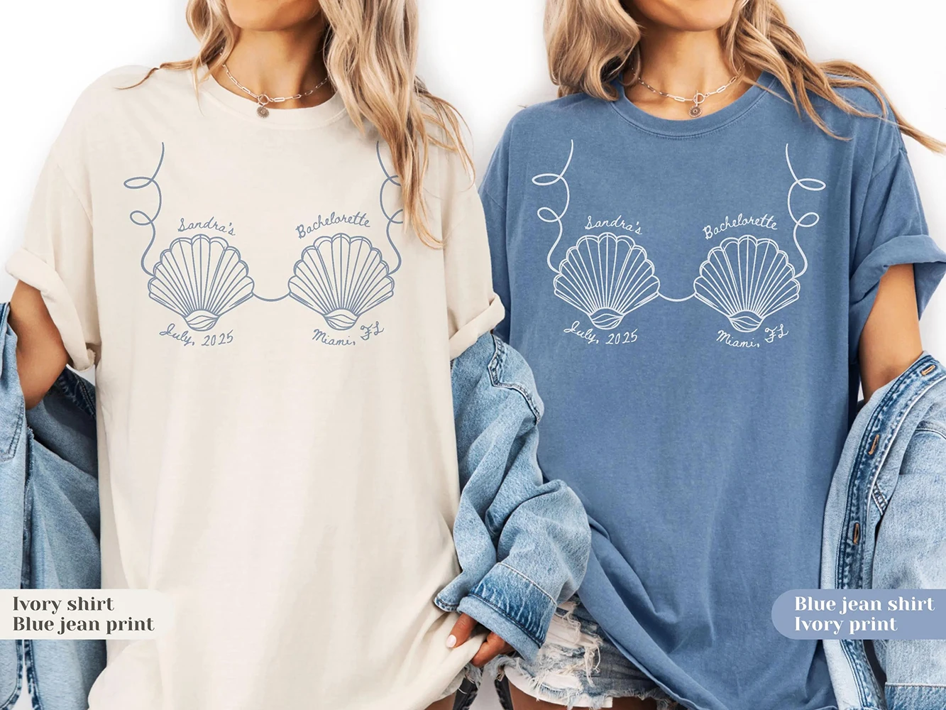 Custom Name Seashells Bachelorette Party T‑Shirt Personalized Date Location Beach Coastal Tee  Beach Hen Party Short - view 4