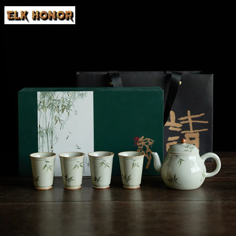 

Hand Drawn Green Bamboo Tea Set Complete Set 1 Pot 4 Cups Tea Ceremony Set Household Teapot And Tea Cup Set Drinkware Craft Gift